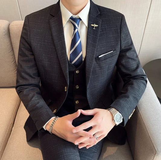 Men's Linen 3-Piece Slim Fit Suit – Blue & Beige | XS–6XL