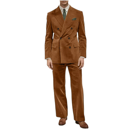 Men's Corduroy Suit 2 Piece Retro Double Breasted Peak Lapel Blazer Straight Leg Pants Formal Set Business Casual Wedding Party