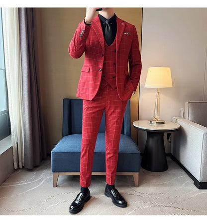 Men's 3-Piece Slim Fit Plaid Suit – Jacket, Vest & Pants for Weddings, Office & Formal Occasions
