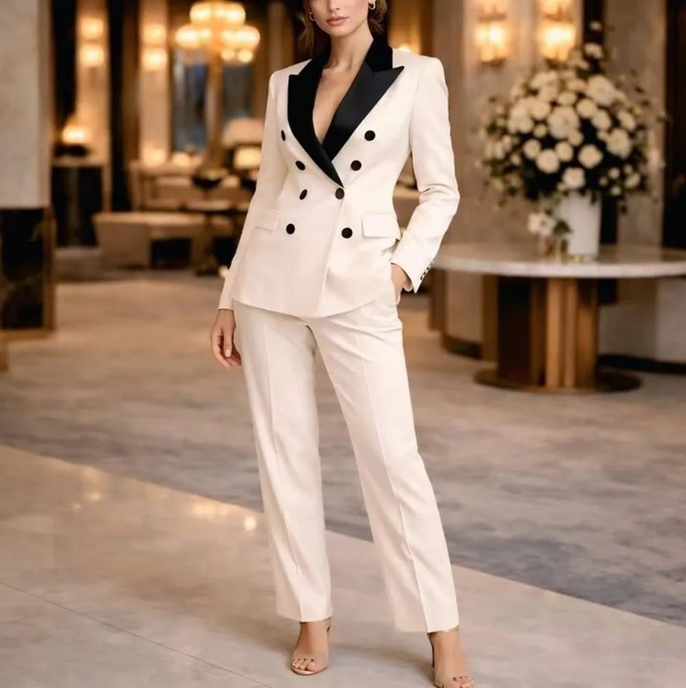 Black Collar White Formal Business Women Suit Wedding Party Prom Ladies Mother Girl Tuxedos Costume 2 Piece Set Jacket Pants