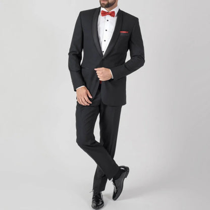 Men Suit 2 Pieces Black With Bright Lapel Single Button Solid For Wedding Business Banquet Party Office Work Jacket And Pants