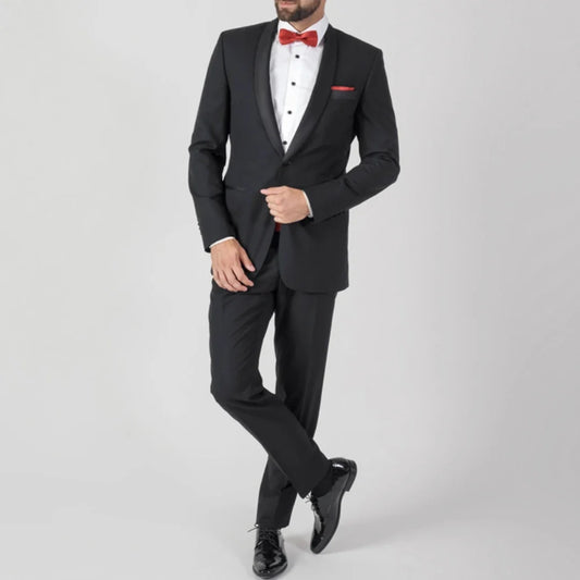 Men Suit 2 Pieces Black With Bright Lapel Single Button Solid For Wedding Business Banquet Party Office Work Jacket And Pants