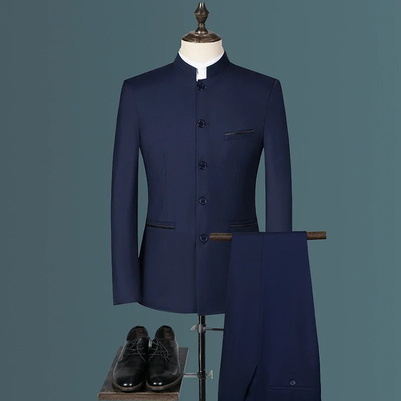 Men's 3-Piece Suit Blazer Vest Pants Smart Casual Standing Collar Mao Suit for Wedding Work and Outdoor