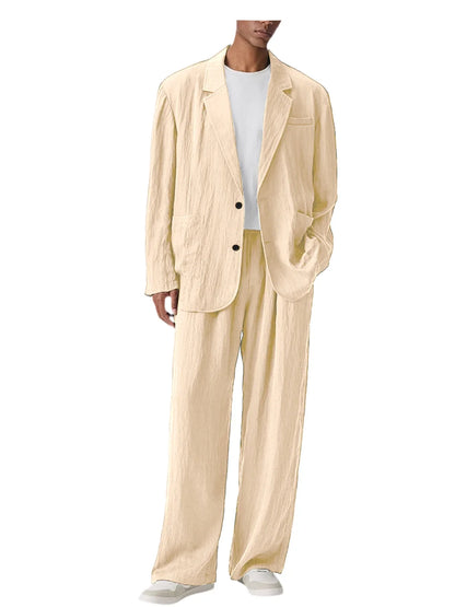 Men's Linen Blend Wrinkled Two Piece Suit Loose Two Button Blazer Wide Leg Trousers Casual Vacation Daily Soft Breathable Outfit