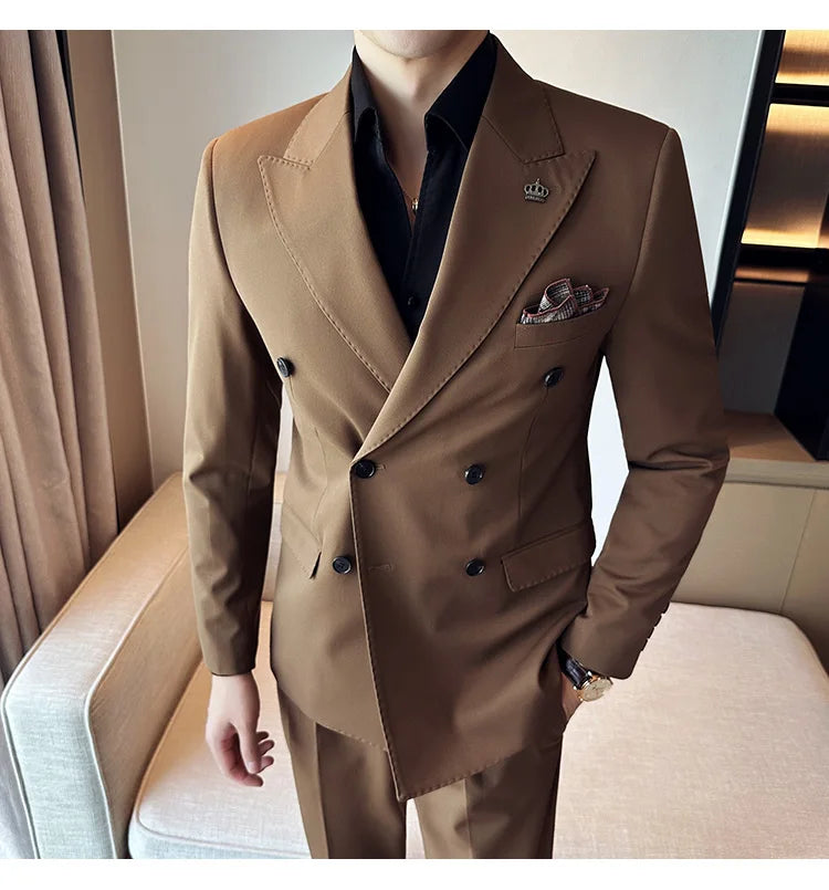(Blazer + Trousers) Fashion Double Breasted Design Slim Men's Suit Italian Style Luxury Wedding Social Party Tuxedo 2 Piece Set