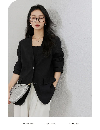 Women's Black Blazer New Autumn 2026 V-neck Loose-fit Casual Office Lady Tailored Coat Fall Fashion Elegant Jackets A0511