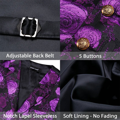Men's Jacquard Floral Vest – Notched Lapel Waistcoat with Bowtie for Wedding & Formal Events