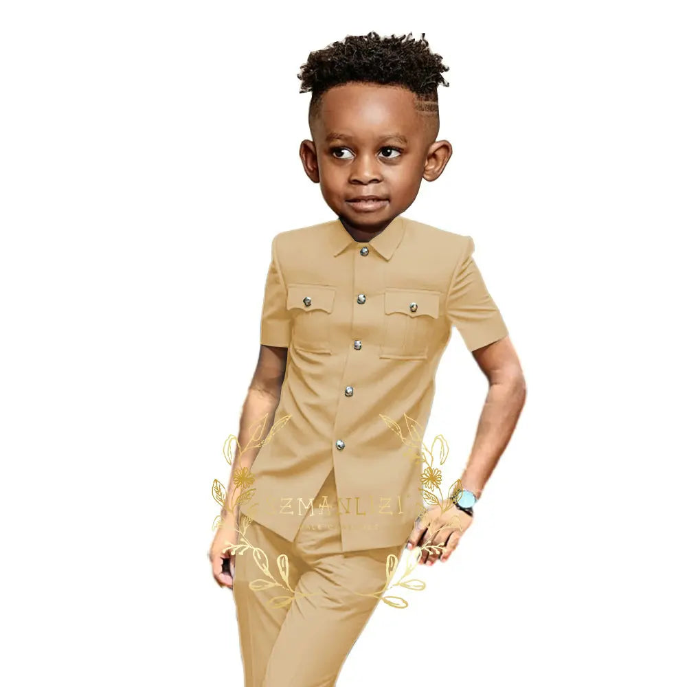 Boys Suit Black 2 Pieces Short Sleeve Party Tuxedo Formal Wedding Kids Clothes Indian Style Blazer Pants 2-16 Years Old