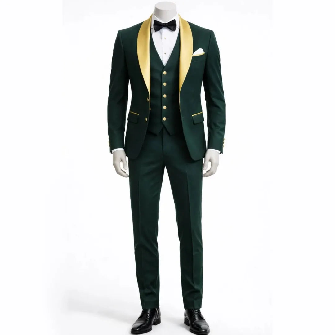 Men Suit Dark Green 3 Piece With Gold Lapel Single Button For Wedding Birthday Banquet Party Business Work Jacket Vest Pants