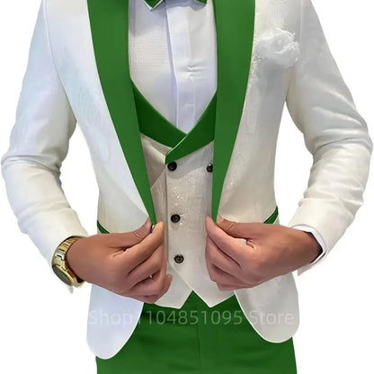 Men's Jacquard 3-Piece Suit Set – Blazer, Double-Breasted Vest & Tailored Trousers for Weddings & Formal Occasions