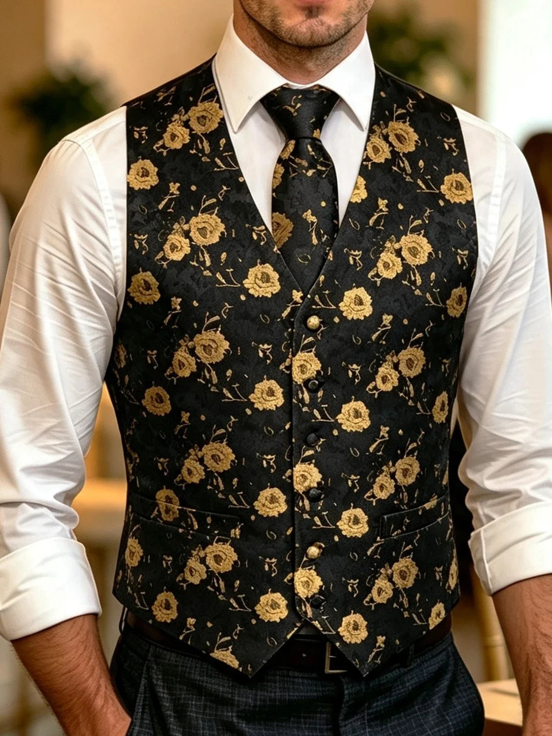 Men's Waistcoat Set Jacquard Floral Black Yellow Formal Wedding Tuxedo