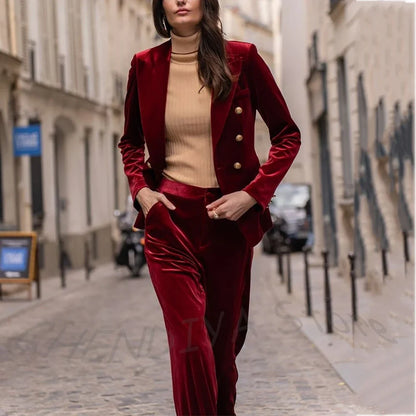 Customized Women's Suit Elegant Velvet Double Breasted Blazer Set Two Pieces Slim Fitted Peaked Lapel Daily Office Lady Wear