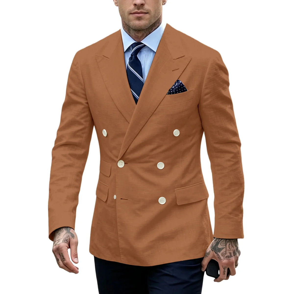 Men's Double Breasted Blazer Slim Fit Linen Suit Jacket Formal Business Casual Tuxedo for Wedding Prom Office Party Daily Wear