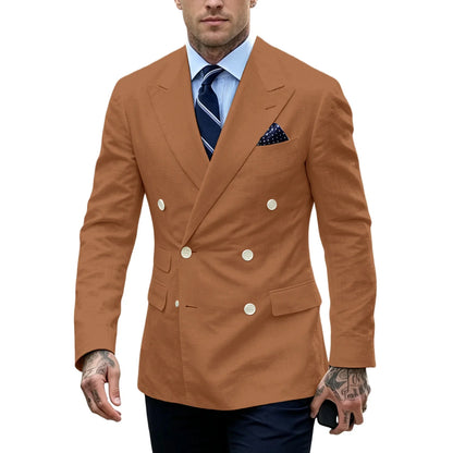 Men's Double Breasted Blazer Slim Fit Linen Suit Jacket Formal Business Casual Tuxedo for Wedding Prom Office Party Daily Wear