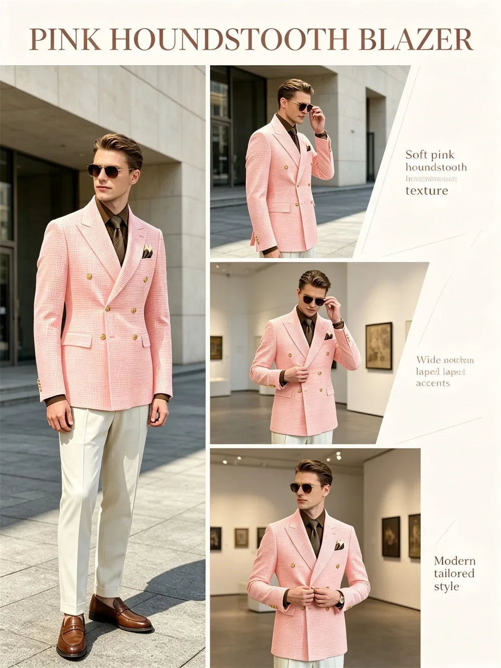 Men's Houndstooth Double Breasted Blazer Vintage Slim Jacket  Fit Formal Business Wedding Party Coat For Men Autumn Winter