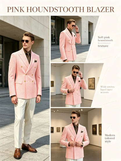 Men's Houndstooth Double Breasted Blazer Vintage Slim Jacket  Fit Formal Business Wedding Party Coat For Men Autumn Winter