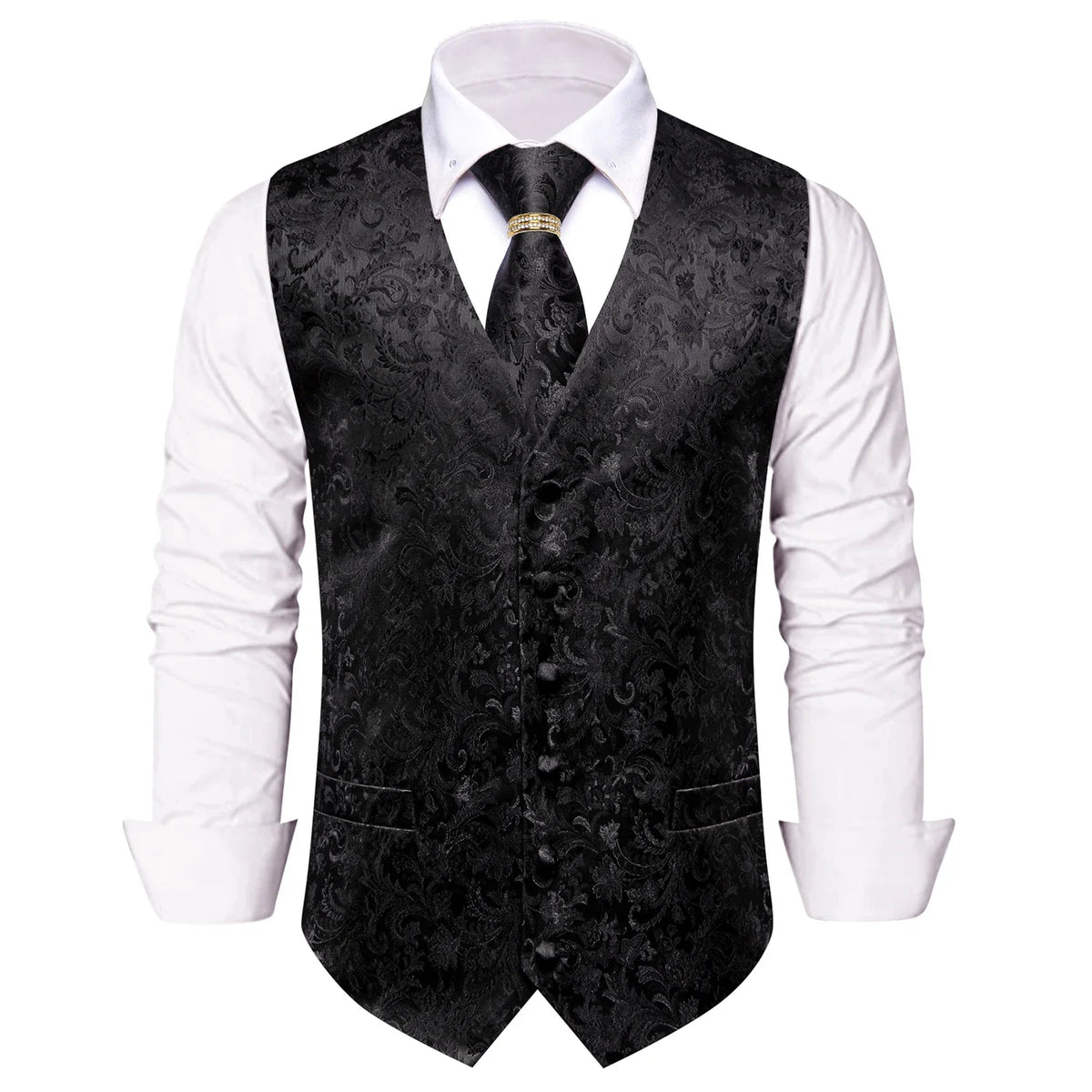 Men's Paisley Jacquard Vest 5-Piece Outfit with Tie, Pocket Square, Cufflinks & Ring – Matte Black Formal Set