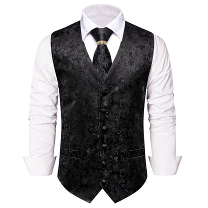Men's Paisley Jacquard Vest 5-Piece Outfit with Tie, Pocket Square, Cufflinks & Ring – Matte Black Formal Set