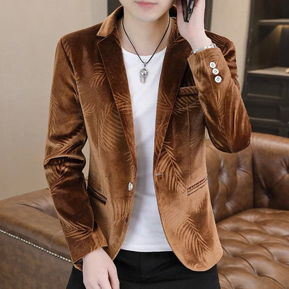 Men's Slim Fit Velvet Blazer – Bamboo Leaf Print Smart Casual Suit Jacket