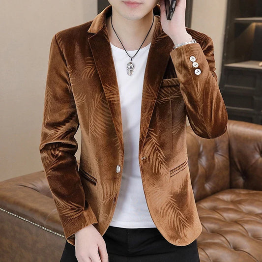Men's Slim Fit Velvet Blazer – Bamboo Leaf Print Smart Casual Suit Jacket