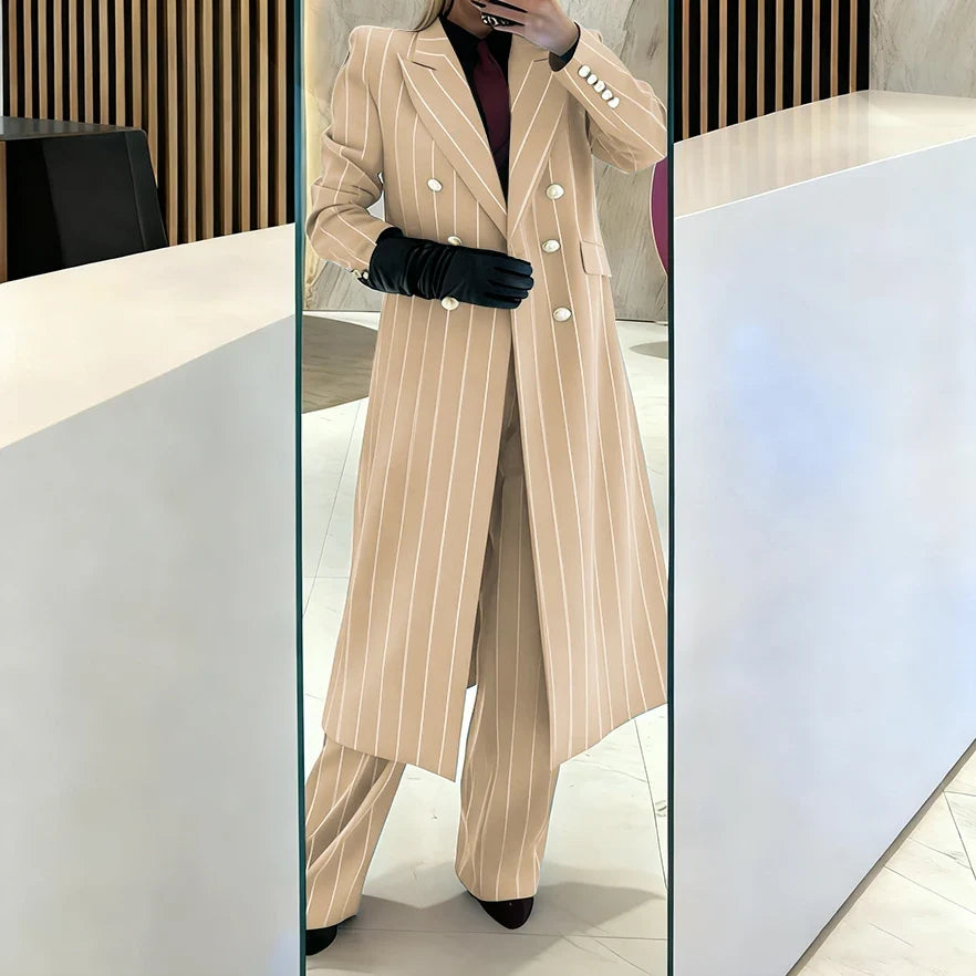 Burgundy Women's Suits Pinstripe Double Breasted Peaked Lapel Long Coat+Pants Set Elegant Formal Office Evening Party Outfit