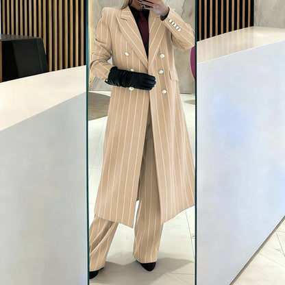 Burgundy Women's Suits Pinstripe Double Breasted Peaked Lapel Long Coat+Pants Set Elegant Formal Office Evening Party Outfit