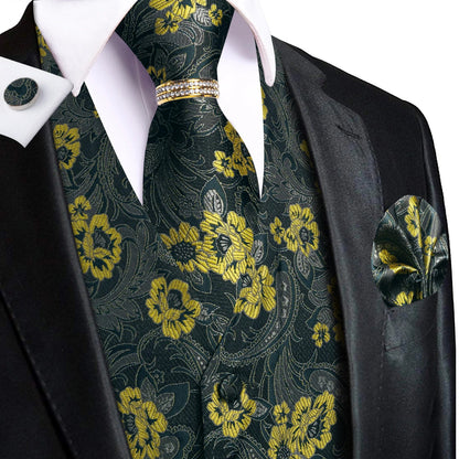 Men's Floral Waistcoat 6-Piece Set Black Yellow Single Breasted Vest for Wedding & Banquet