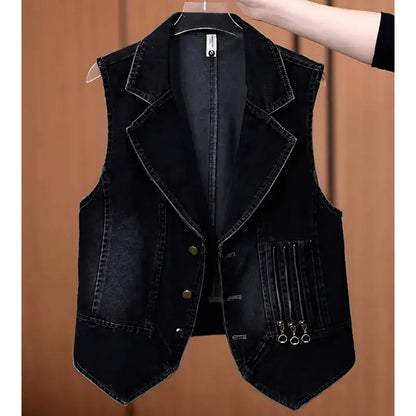 Korean Ladies Large Size 4XL Cowboy Waistcoat Tops Female Leisure Short Vest Coat Autumn Women Nostalgic Sleeveless Jacket