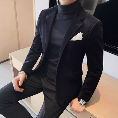 Men's Wool Blazer Single Breasted Smart Casual Solid Color Autumn Winter