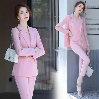 Lady Solid Lapel Blazer Suit Full Sleeve V-neck Single Breasted Straight Leg Pants Suits 2026 Fashion New Office Commute Outfit
