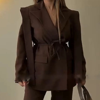Spring Autumn New Women Blazer Turn-down Collar Long Sleeve Lace-up Waist Cinching Elegant Fashion Office Lady Coat HK16723
