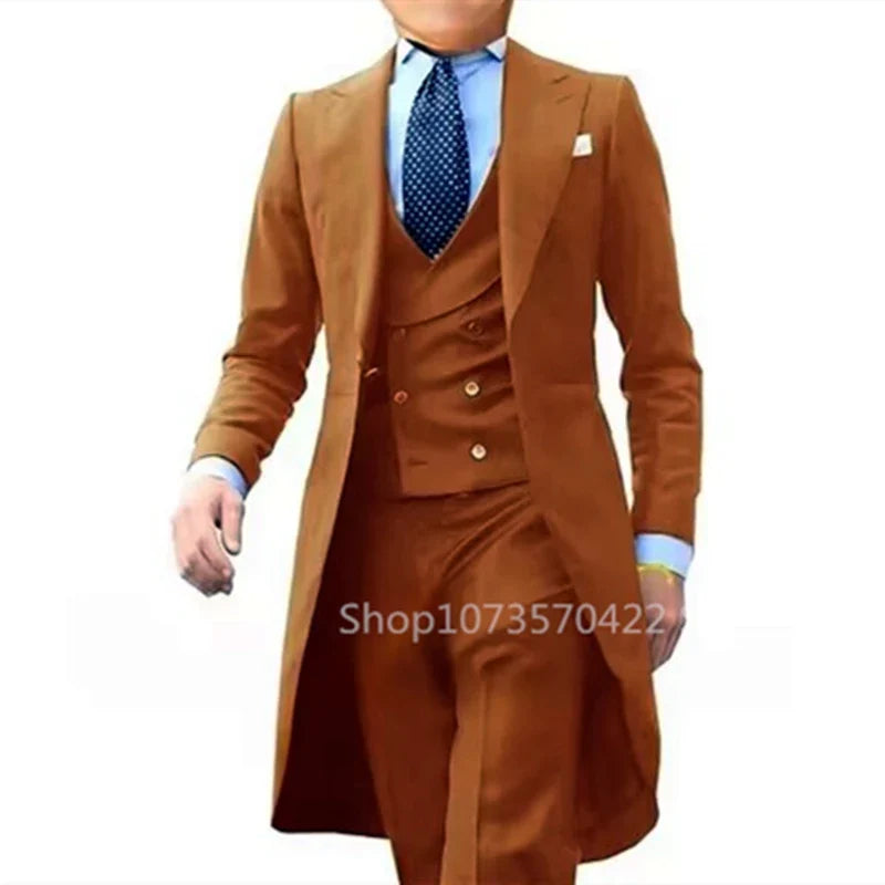 Solid Wedding Men Long Tailcoat 3 Piece Formal Groom Tuxedos for Prom Party Male Suits Fashion Clothing Set Jacket Pants Vest