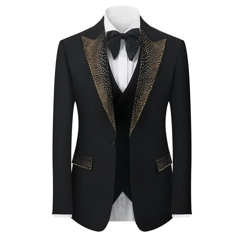 Rhinestone Lapel 3 Piece Suit Set (vest+Blazer+Trousers) Business Formal Casual Suits Wedding Groom Party Stage Men's Suit M-5XL