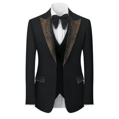 Rhinestone Lapel 3 Piece Suit Set (vest+Blazer+Trousers) Business Formal Casual Suits Wedding Groom Party Stage Men's Suit M-5XL