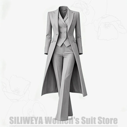Women's Suit 3 Piece Double Breasted Long Coat Vest Pants Elegant Formal Business Wear Luxury Wedding Party Prom Outfit 2026