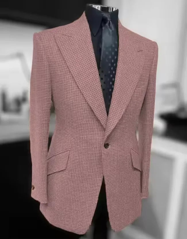 Formal Men's Jacket Houndstooth Woolen Brown Blazer with Peak Lapel Casual Wedding Business Party Coat Autumn Winter Customized
