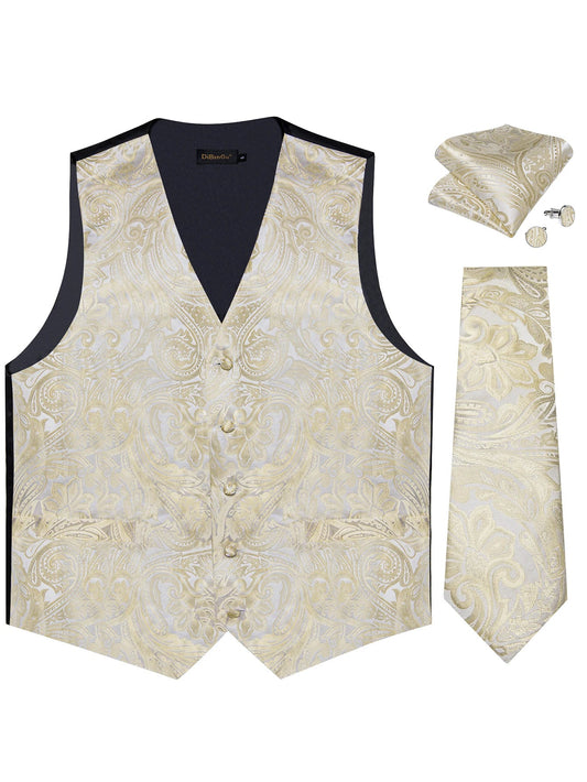Men's Suit Vest & Tie Set – Champagne Golden Paisley Formal Waistcoat for Weddings & Business Events