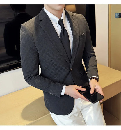 2024 Spring Plaid Blazers Men Single Breasted Casual Business Suit Jacket Fashion Slim Social Banquet Wedding Groom Dress Coats