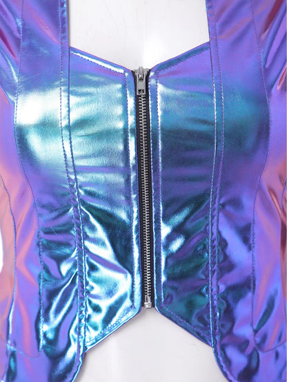 Womens Front Zipper Vest Tank Top Wet Look PU Leather Crop Top Metallic Glossy Rave Party Clubwear Costume Steampunk Waistcoat
