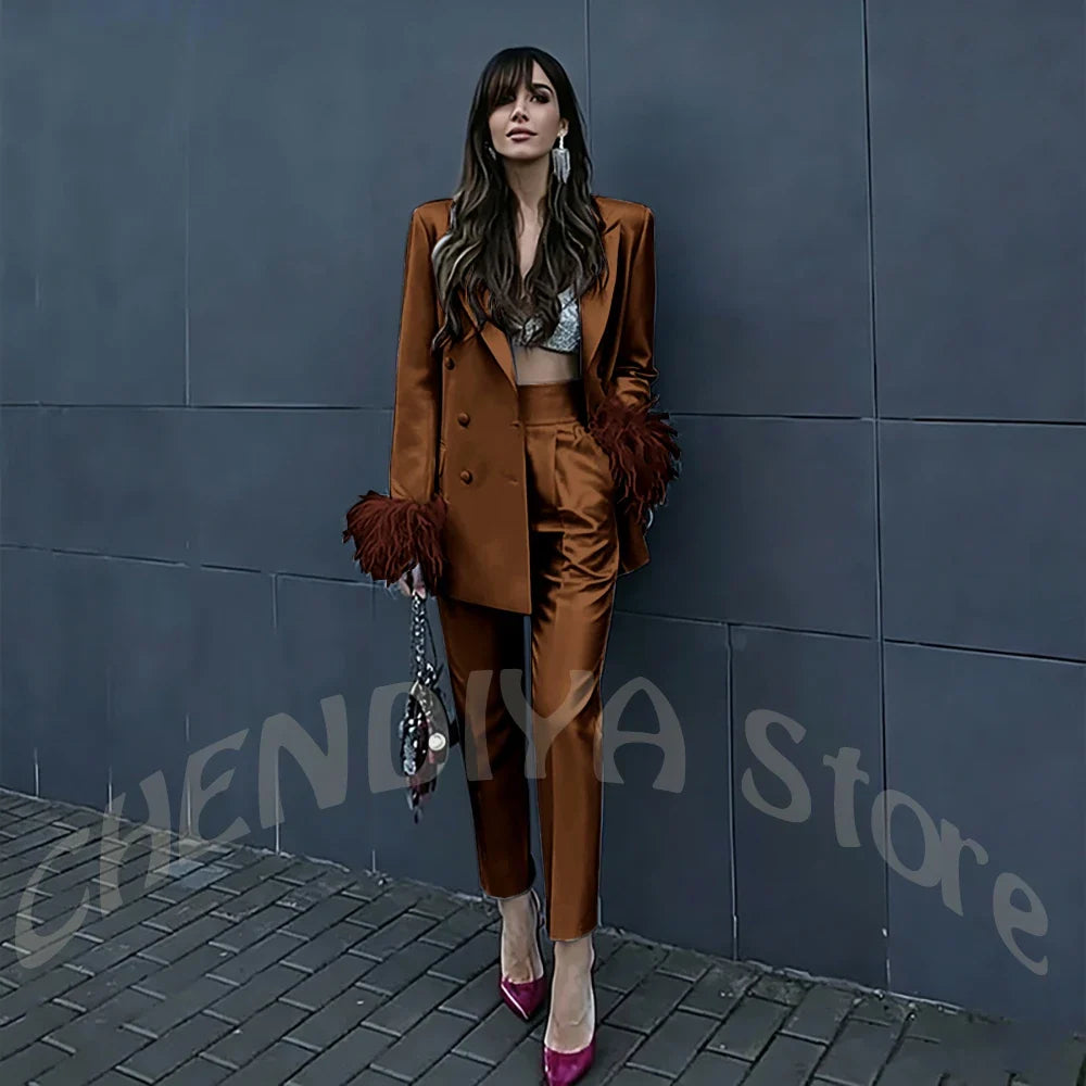 Fuchsia Satin Women's Suit Set Peak Lapel Shiny Glossy Blazer with Feather Elegant Luxury Outfit for Dinner Party Formal Event