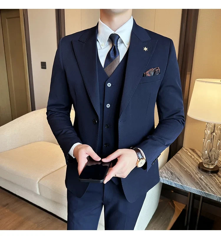 (Blazer + Vest + Trousers) 2024 New Men Formal Business Solid Suit 3 Pieces Set Italian Style Luxury Wedding Social Party Tuxedo