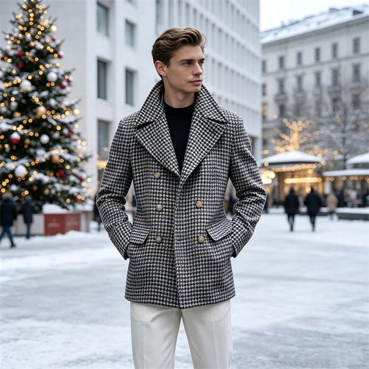 Men's Houndstooth Double Breasted Blazer Wide Lapel Jacket Slim Fit Casual Sport Coat Business Wedding Party Gentleman Outerwear