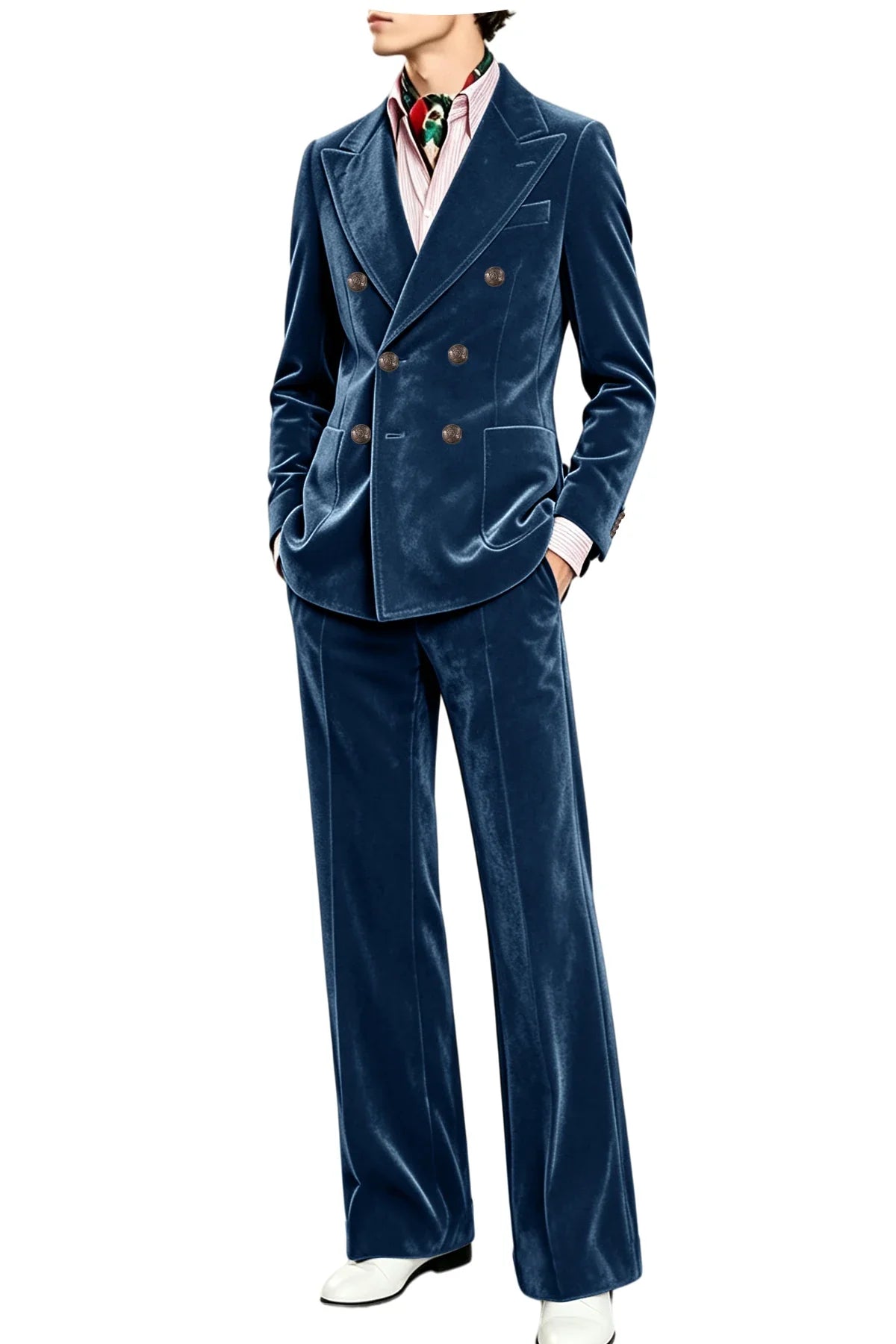 Men's Velvet Suit 2 Piece Double Breasted Peak Lapel Blazer & Straight Leg Pants for Formal & Wedding