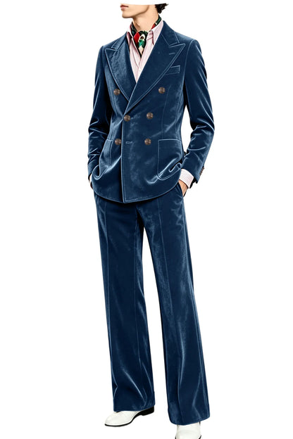 Men's Velvet Suit 2 Piece Double Breasted Peak Lapel Blazer & Straight Leg Pants for Formal & Wedding
