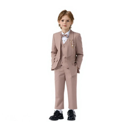 Kids Striped Suit Set Flower Boys Wedding Outfit Children's Jacket Vest Pants Bowtie Brooch 5Pieces Spring Autumn Clothes Set