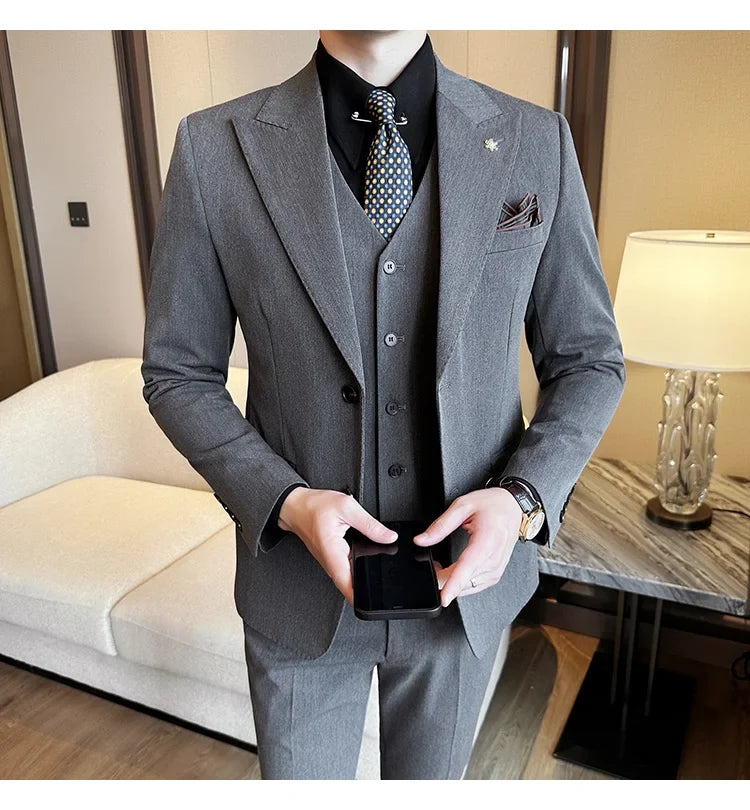 (Blazer + Vest + Trousers) 2024 New Men Formal Business Solid Suit 3 Pieces Set Italian Style Luxury Wedding Social Party Tuxedo
