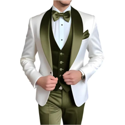 Men's 3-Piece Suit with Scarf Lapel — Single-Breasted Tuxedo for Weddings & Formal Events
