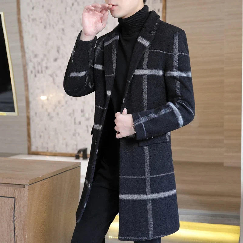 Korean Fashion Woolen Coat Men's Mid-Length Slim-Fit Trench Youth Business Casual 2023 Autumn Winter New Style