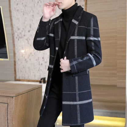 Korean Fashion Woolen Coat Men's Mid-Length Slim-Fit Trench Youth Business Casual 2023 Autumn Winter New Style