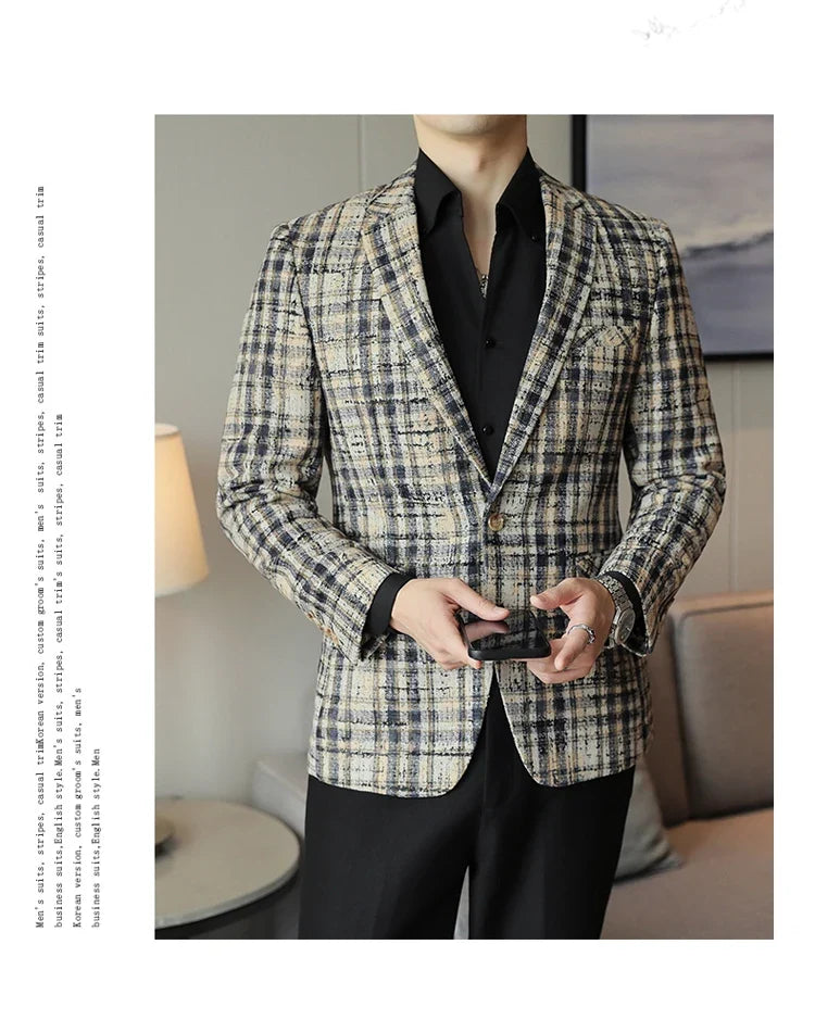 British Style Plaid Woven Casual Suit Jacket for Men Slim Fit Business Social Dress Coats Wedding Party Banquet Office Blazers